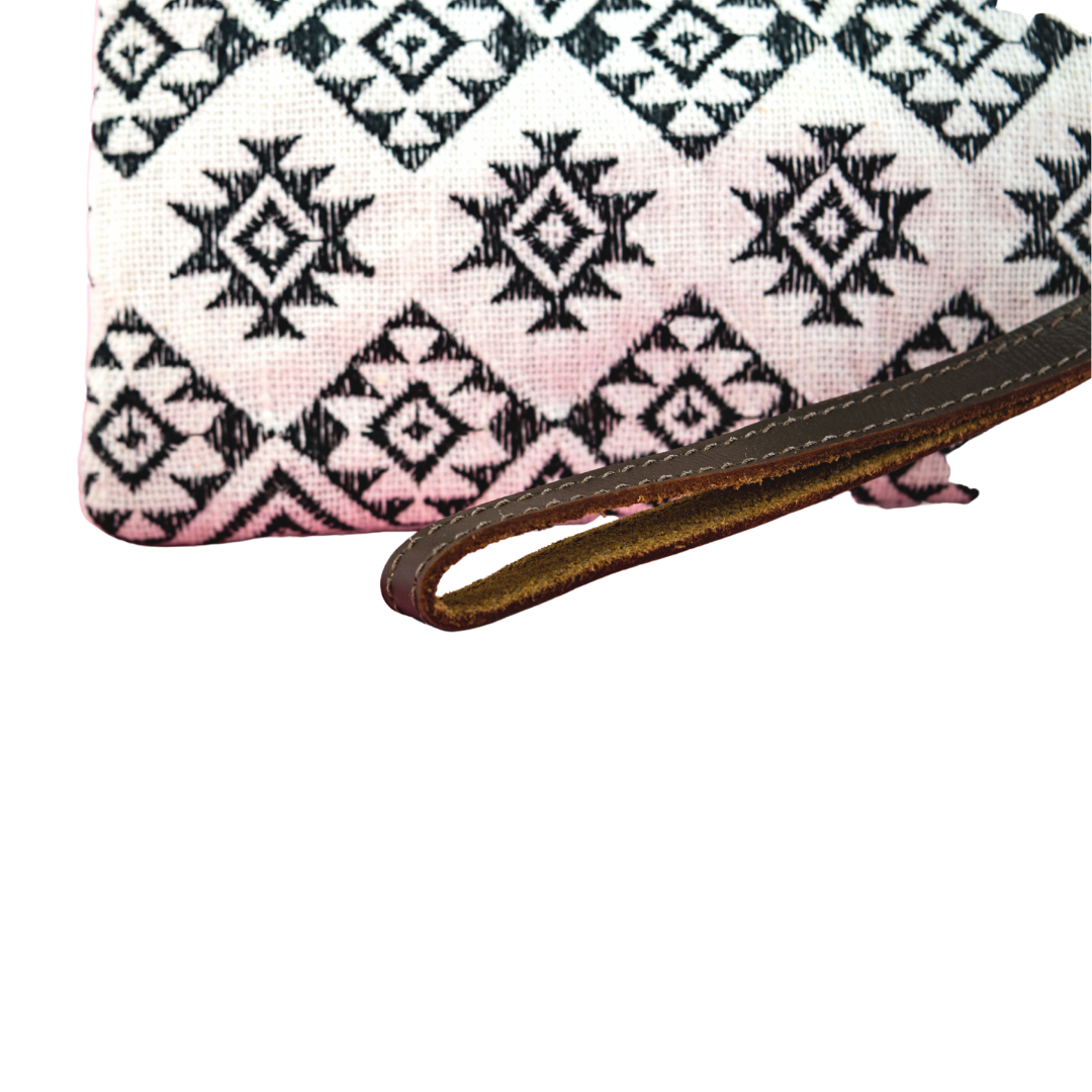Geometric Embroidered Wristlet Bag with Leather Strap – Thailand