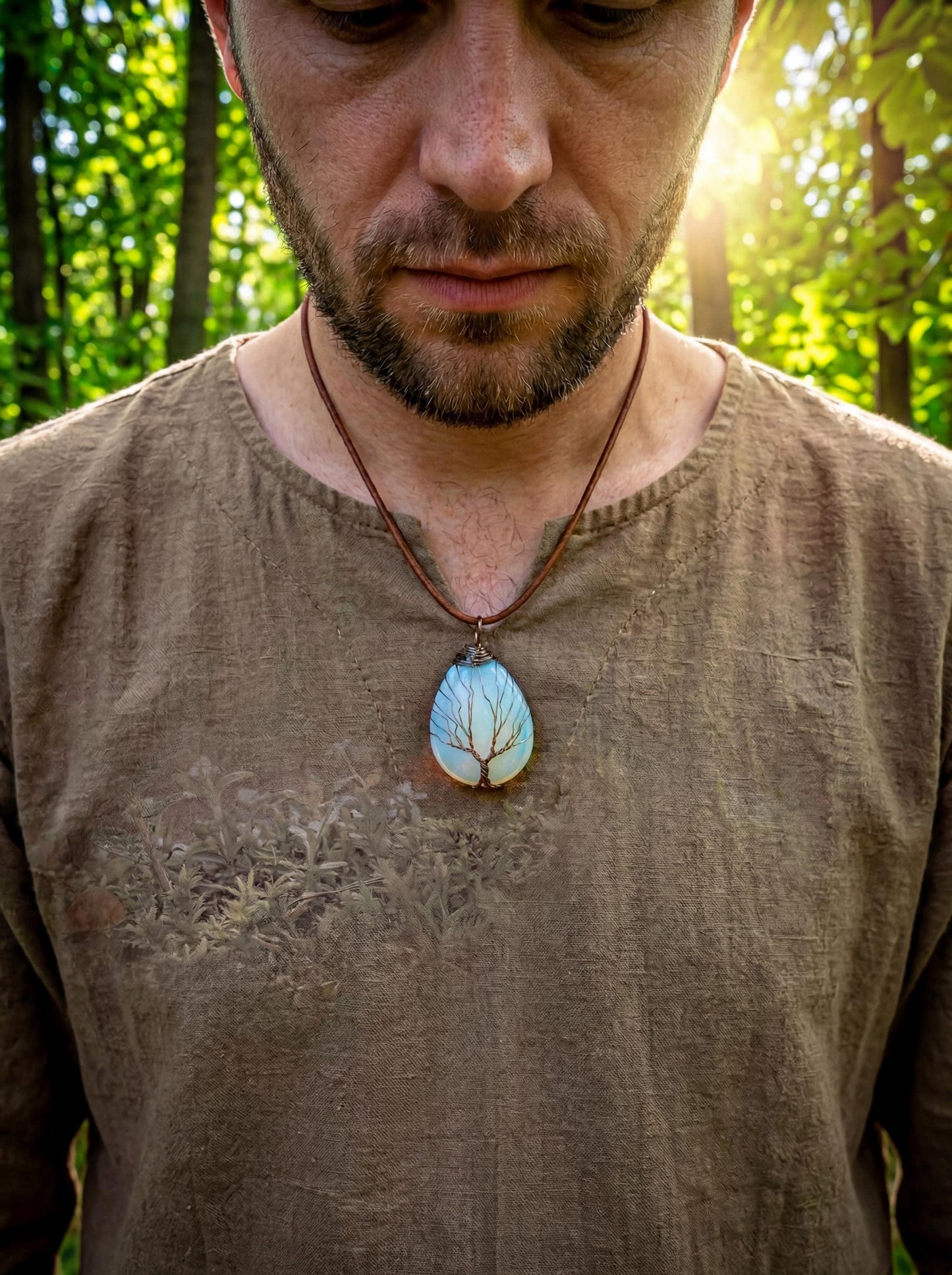 Wire Wrapped Opalite Tree of Life Pendant, Copper Wire Boho Jewelry, Healing Crystal Necklace
