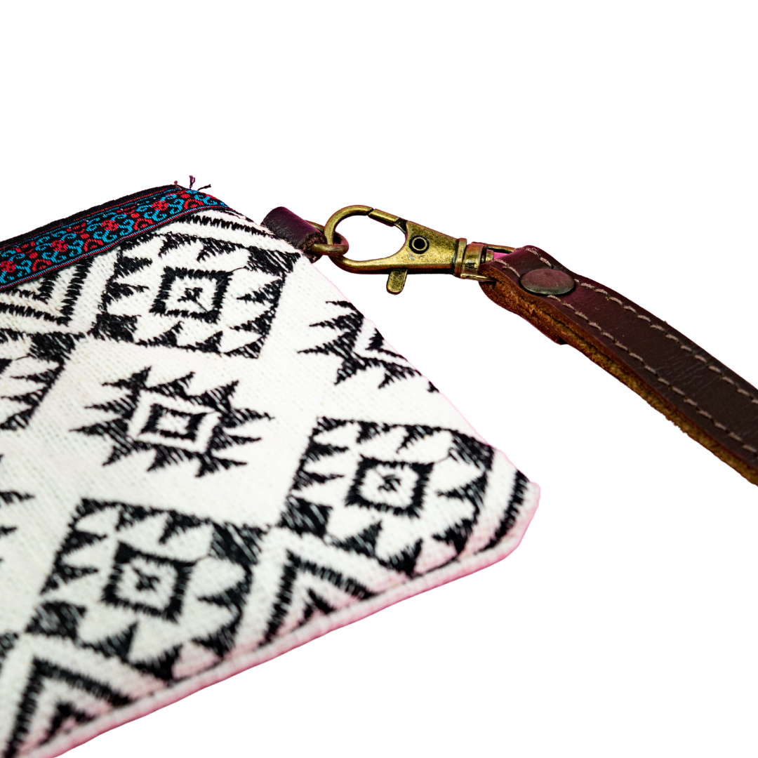 Geometric Embroidered Wristlet Bag with Leather Strap – Thailand