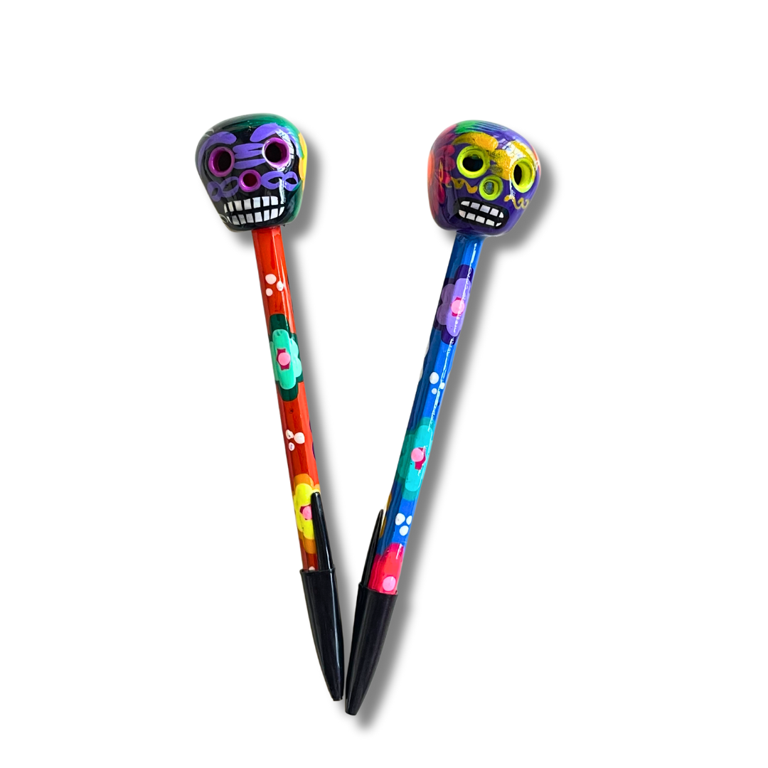 Hand-Painted Sugar Skull Ceramic Floral Pen - Unique Mexican Design - Mexico