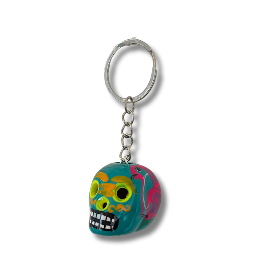 Hand-Painted Mini Sugar Skull Floral Keychain - Mexico