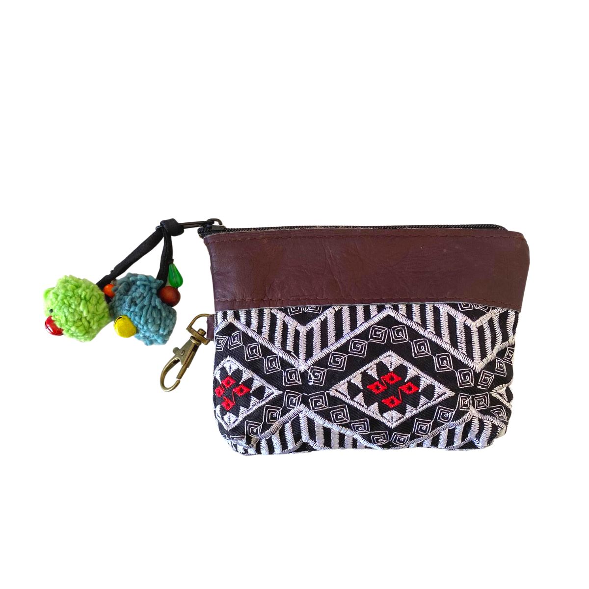 Embroidered Coin Purse Leather Trim Boho Zip Pouch Keychain Wallet Fair Trade - Thailand