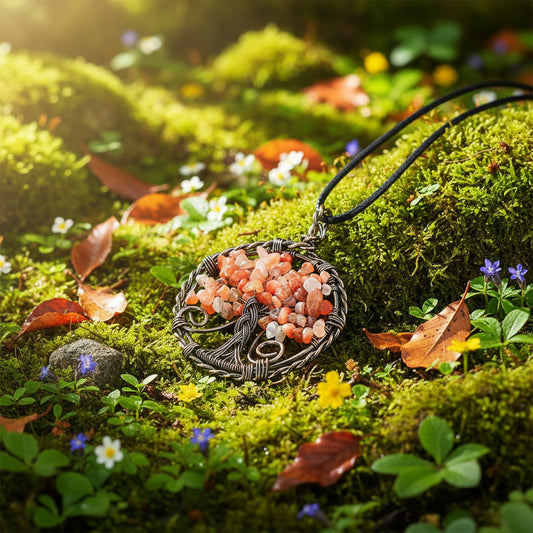 Natural Stone Wire-Wrapped Tree of Life Pendant Necklace -CS: Red Agate