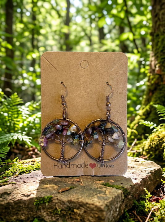 Wire Wrapped Tree of Life Earrings – Multicolor Tourmaline Boho Dangle Earrings – Handmade Crystal Jewelry Gift for Her