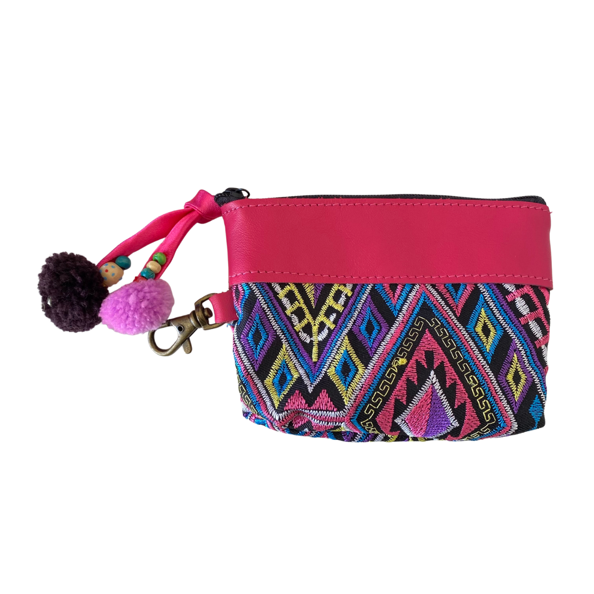 Embroidered Coin Purse Leather Trim Boho Zip Pouch Keychain Wallet Fair Trade - Thailand