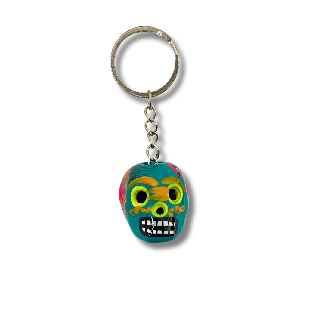 Hand-Painted Mini Sugar Skull Floral Keychain - Mexico