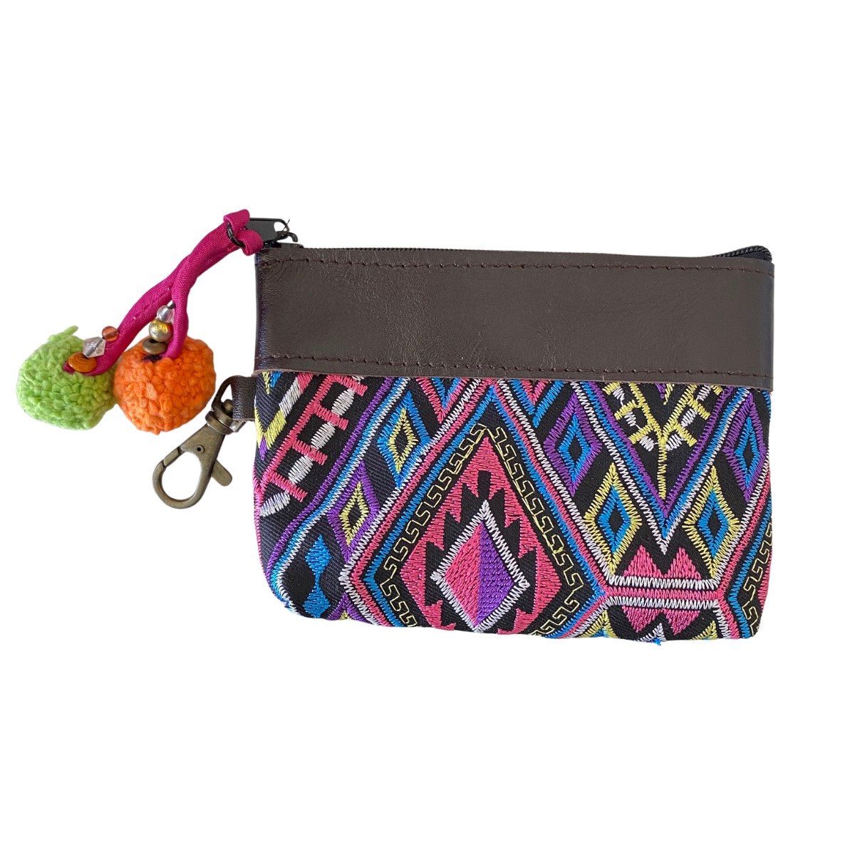 Embroidered Coin Purse Leather Trim Boho Zip Pouch Keychain Wallet Fair Trade - Thailand