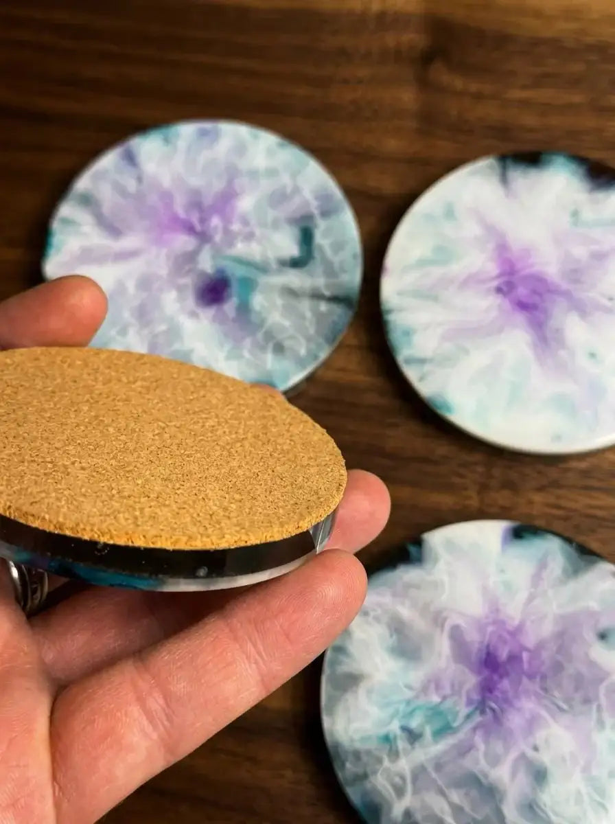 Milky Cloud Resin Coasters with Holder | Blue Purple Swirl Art Set