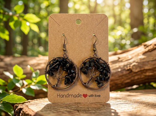 Wire Wrapped Tree of Life Earrings – Black Onyx Boho Dangle Earrings – Handmade Statement Jewelry Gift for Her