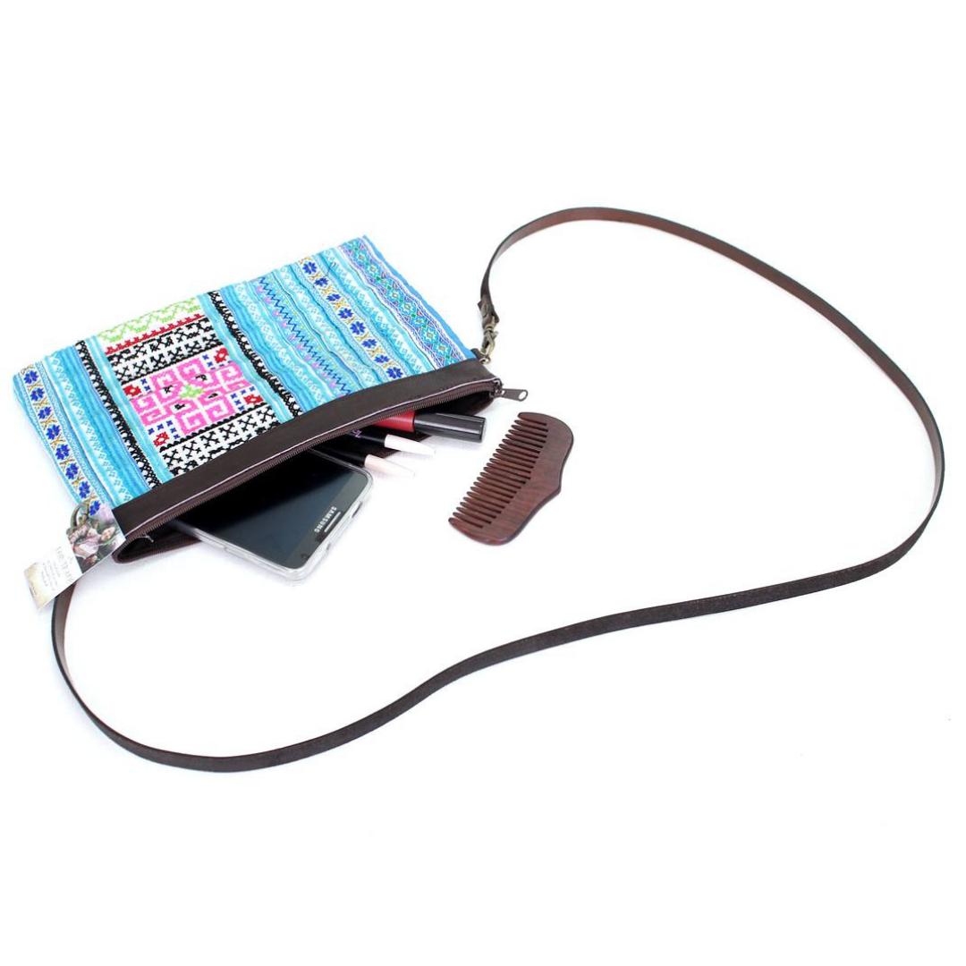 Upcycled Hmong Traditional Fabric Leather Crossbody - Thailand