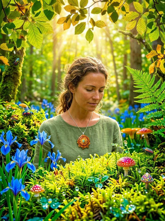 Woman wearing handmade resin pendant necklace in enchanted forest with blue flowers and mushrooms