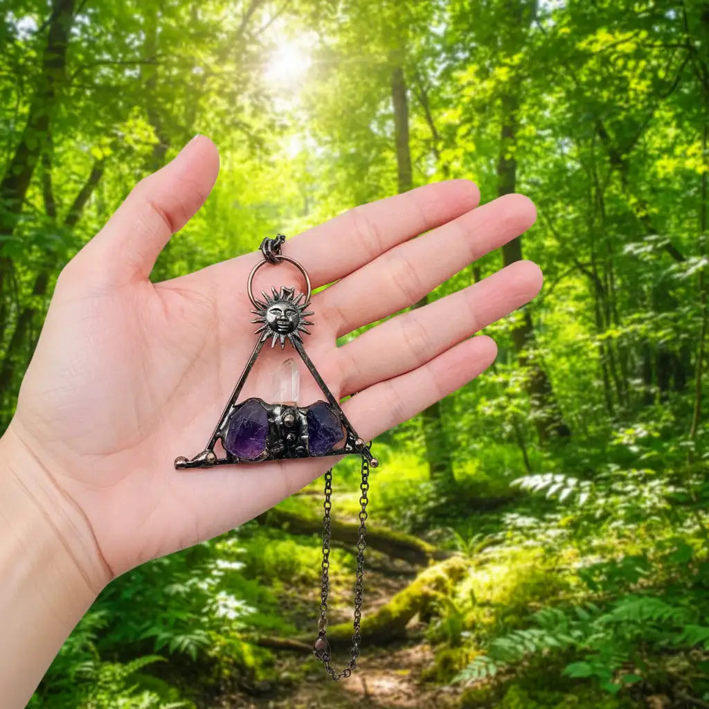 Amethyst White Crystal Sun God Triangle Charm Necklace -CS