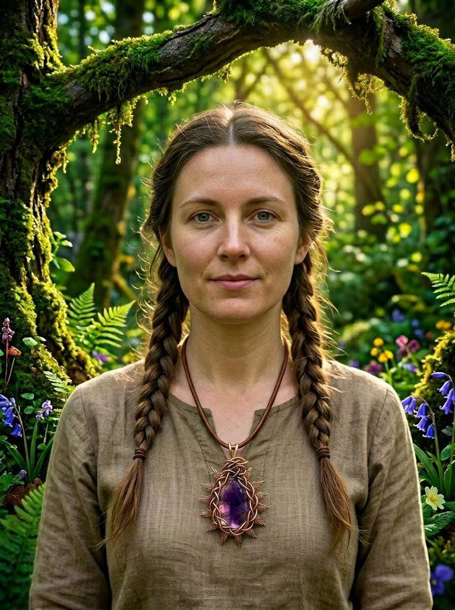 Woman wearing handmade wire-wrapped amethyst pendant necklace in forest setting