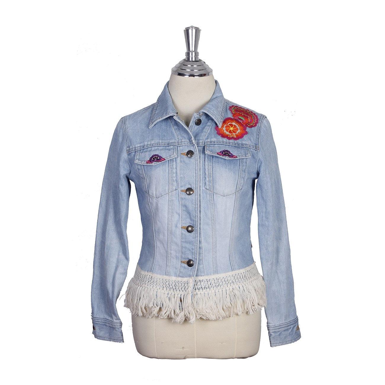 One-of-a-Kind Embroidered Tween Flower Denim Fringe Jacket - Thailand
