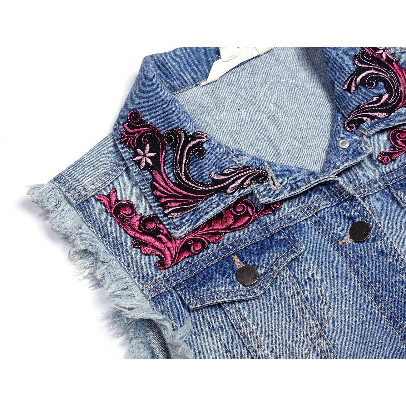 One of Kind Demin Embroidered Vest with Upcycled Hmong Fabrics - Thailand