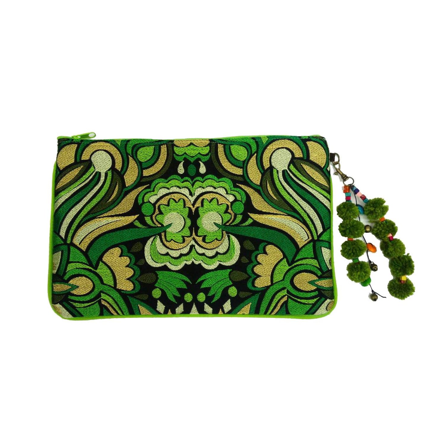 Soila Embroidered Pom Pom Clutch Boho Artisan Tablet Sleeve Fair Trade - Thailand