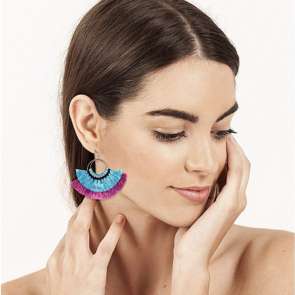 Double Fan Tassel Boho Earrings - Thailand