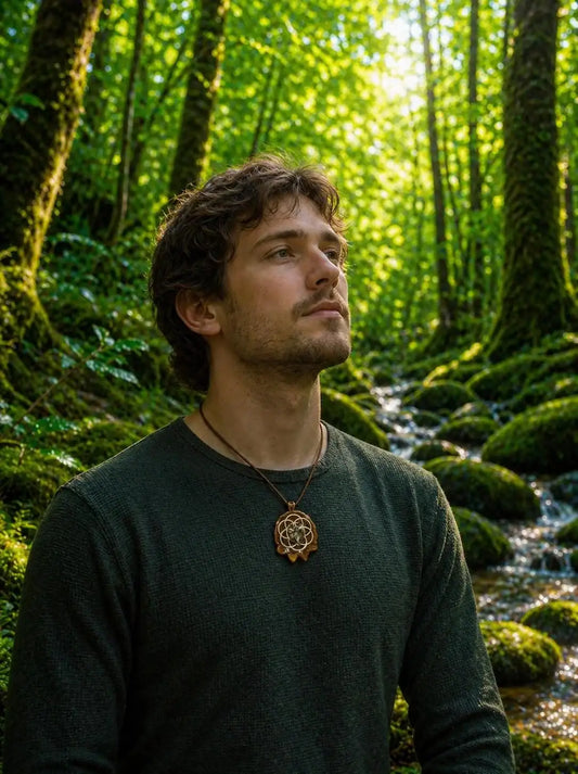 Man wearing pinecone pendant necklace in forest setting, nature-inspired jewelry