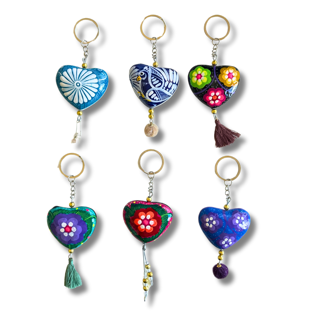 Hand Painted Bohemian Heart Clay Assorted Keychain - Mexico