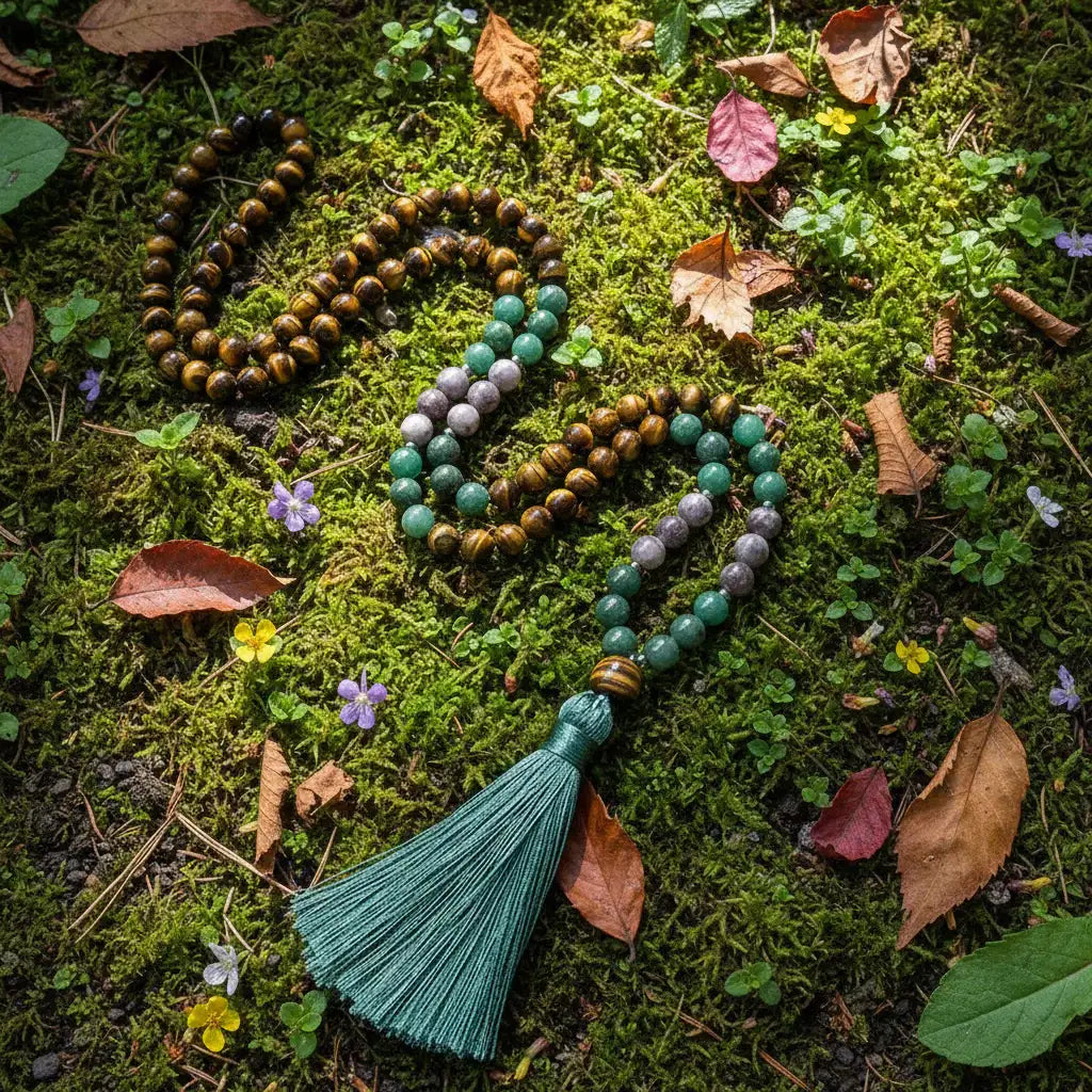 Tiger’s Eye and Green Jade Mala Bead Necklace: Knotted Mala Necklace