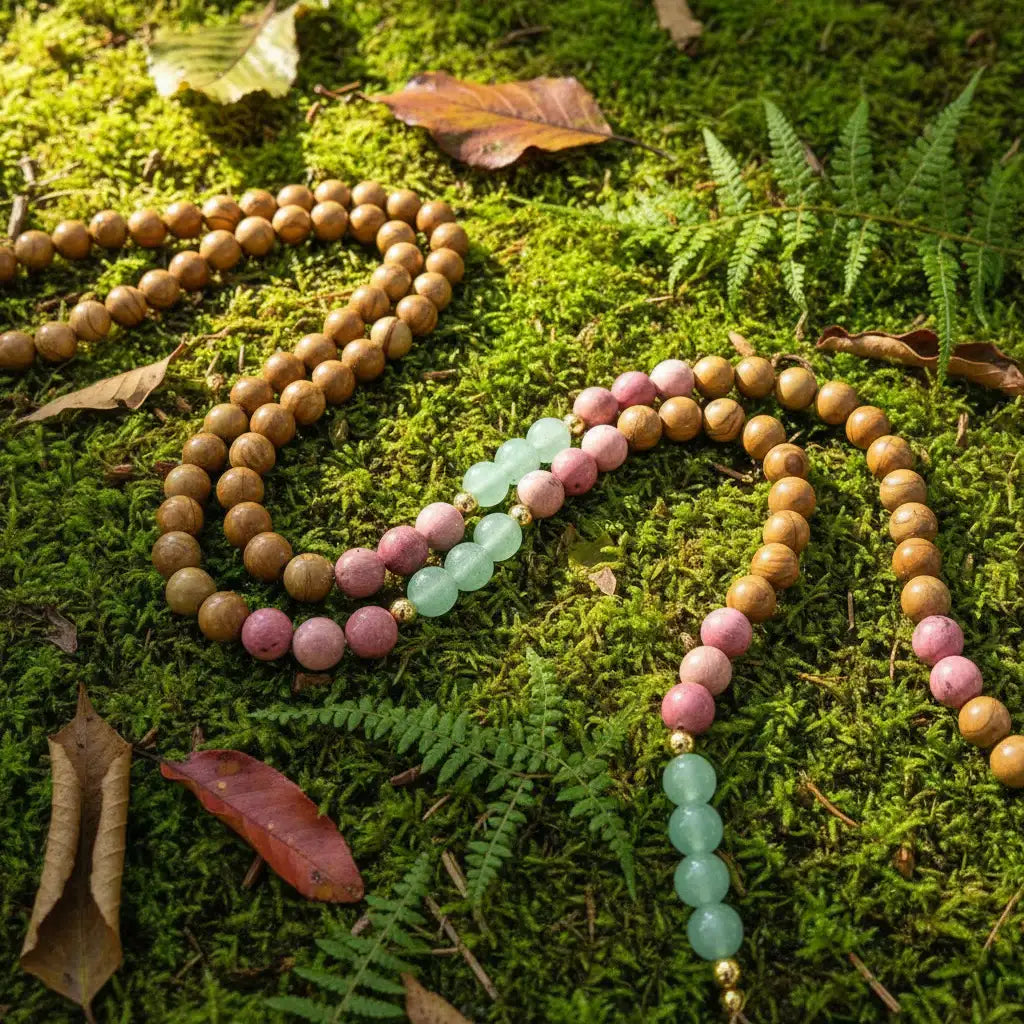 Olive Wood, Rhodonite, Green Aventurine Mala Bead Necklace: Knotted Mala Necklace