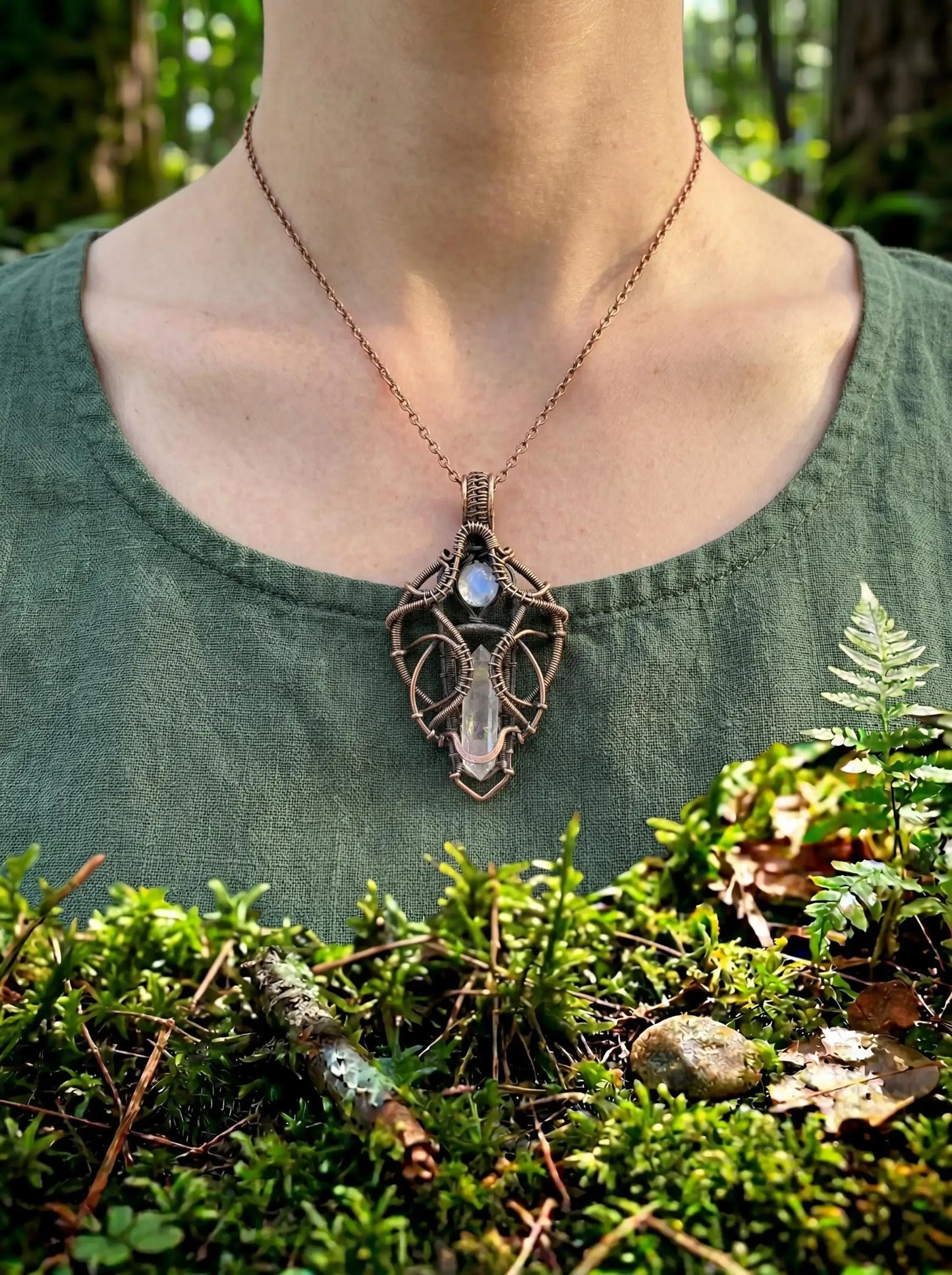Wire Wrapped Crystal Pendant | Steampunk Forest Arcane Talisman Necklace