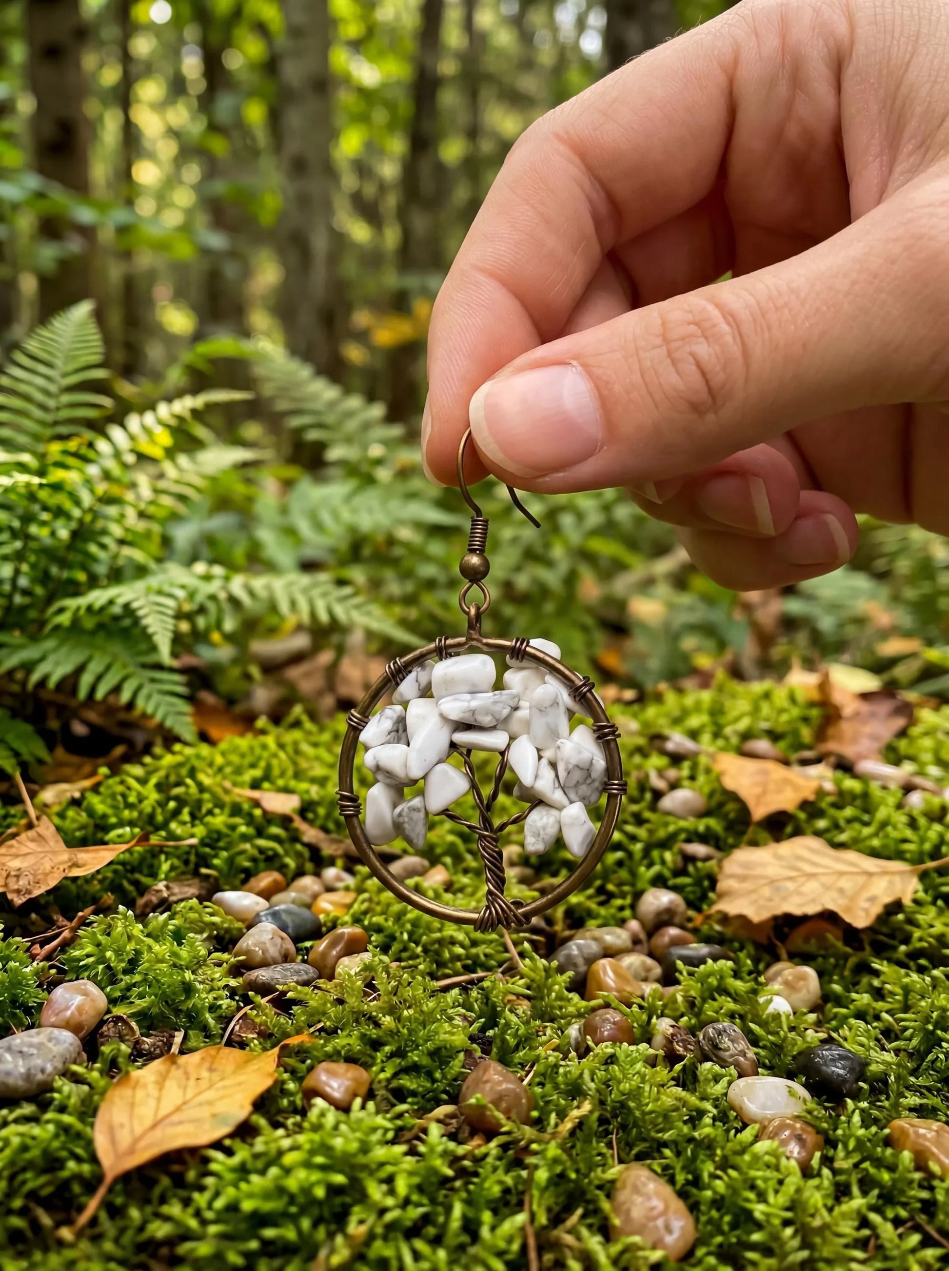 Wire-wrapped tree of life earring with white howlite chips, held in forest setting