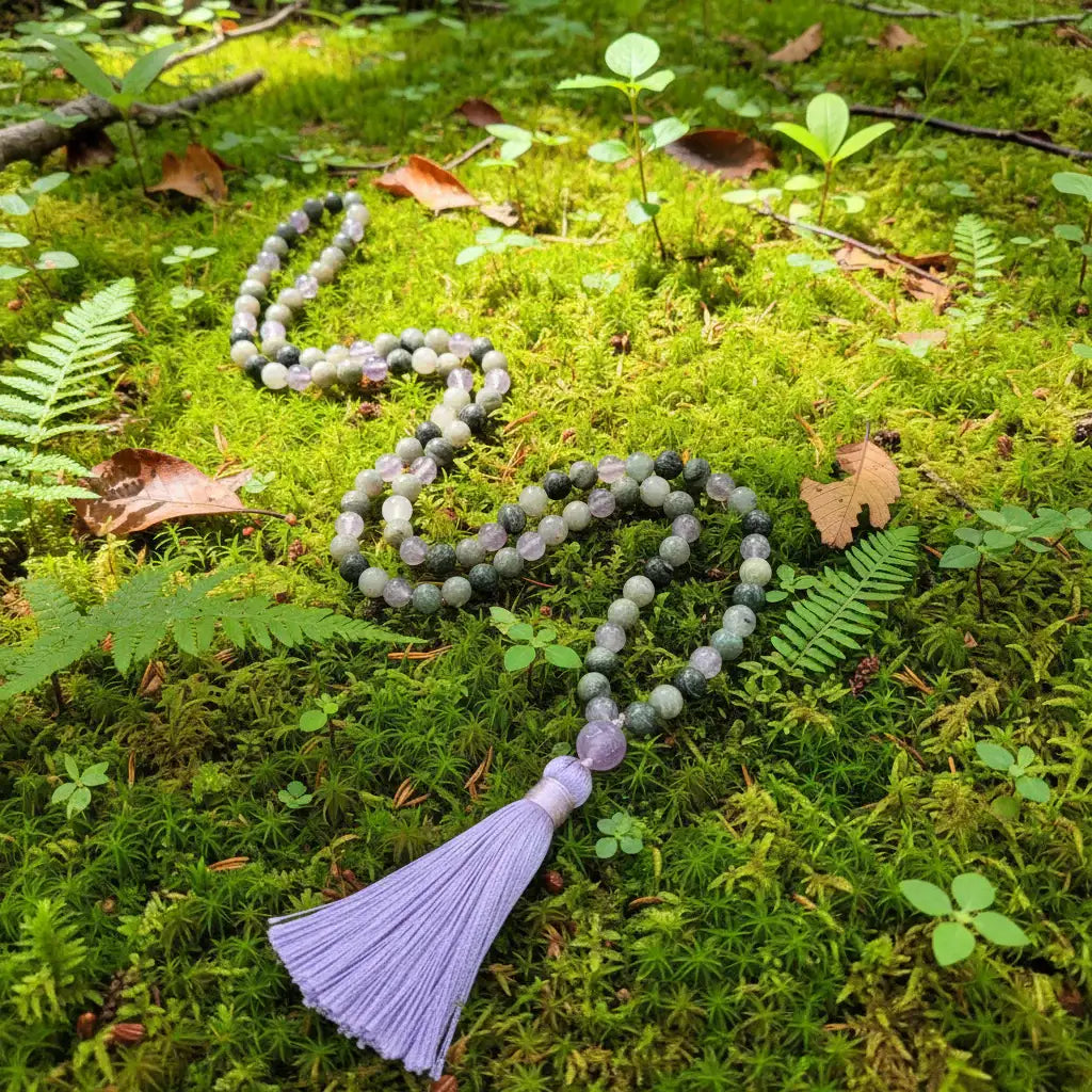 Labradorite  & Grey Agate Mala Bead Necklace: Knotted Mala Necklace