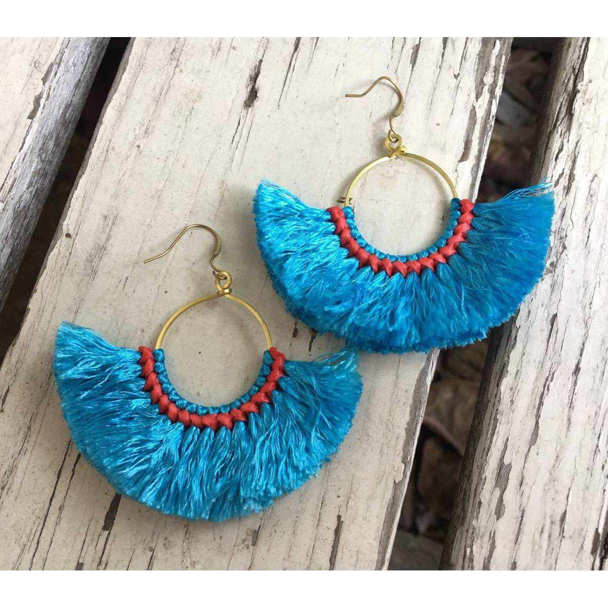 Half Moon Silk Tassel Handcrafted Earrings - Thailand
