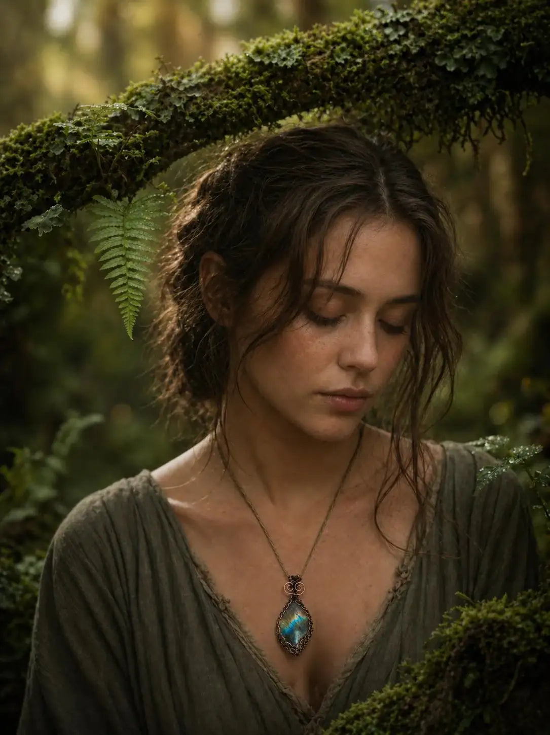Woman in forest wearing handmade wire-wrapped pendant with iridescent stone, rustic boho jewelry