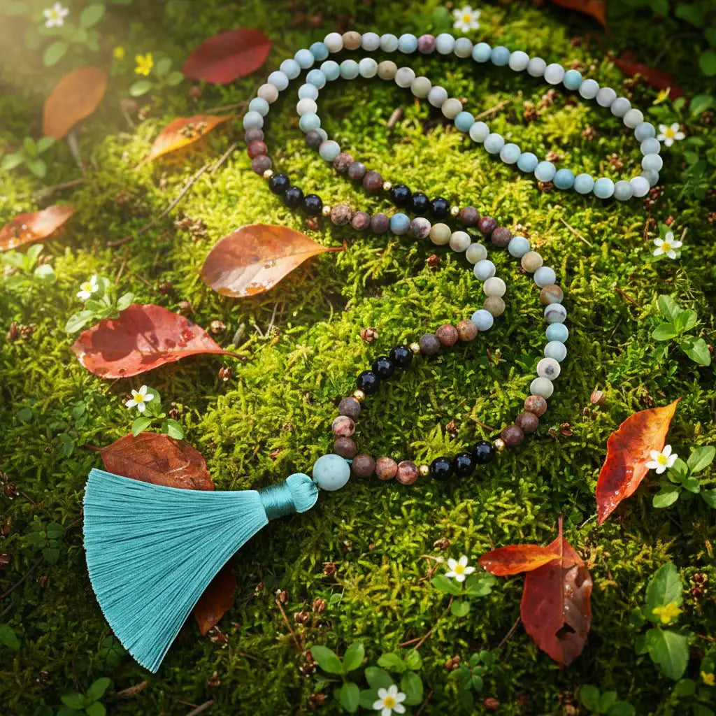 Amazonite Black Onyx Red Howlite Mala Necklace