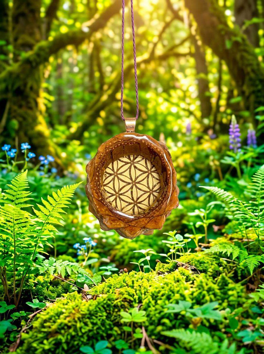 Handcrafted resin pinecone pendant with flower of life design, hanging in a sunlit forest