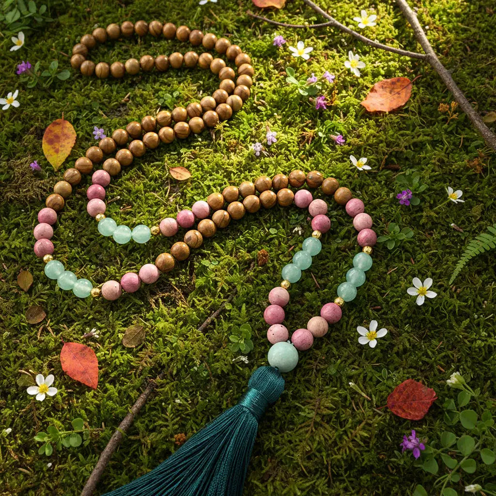 Olive Wood, Rhodonite, Green Aventurine Mala Bead Necklace: Knotted Mala Necklace