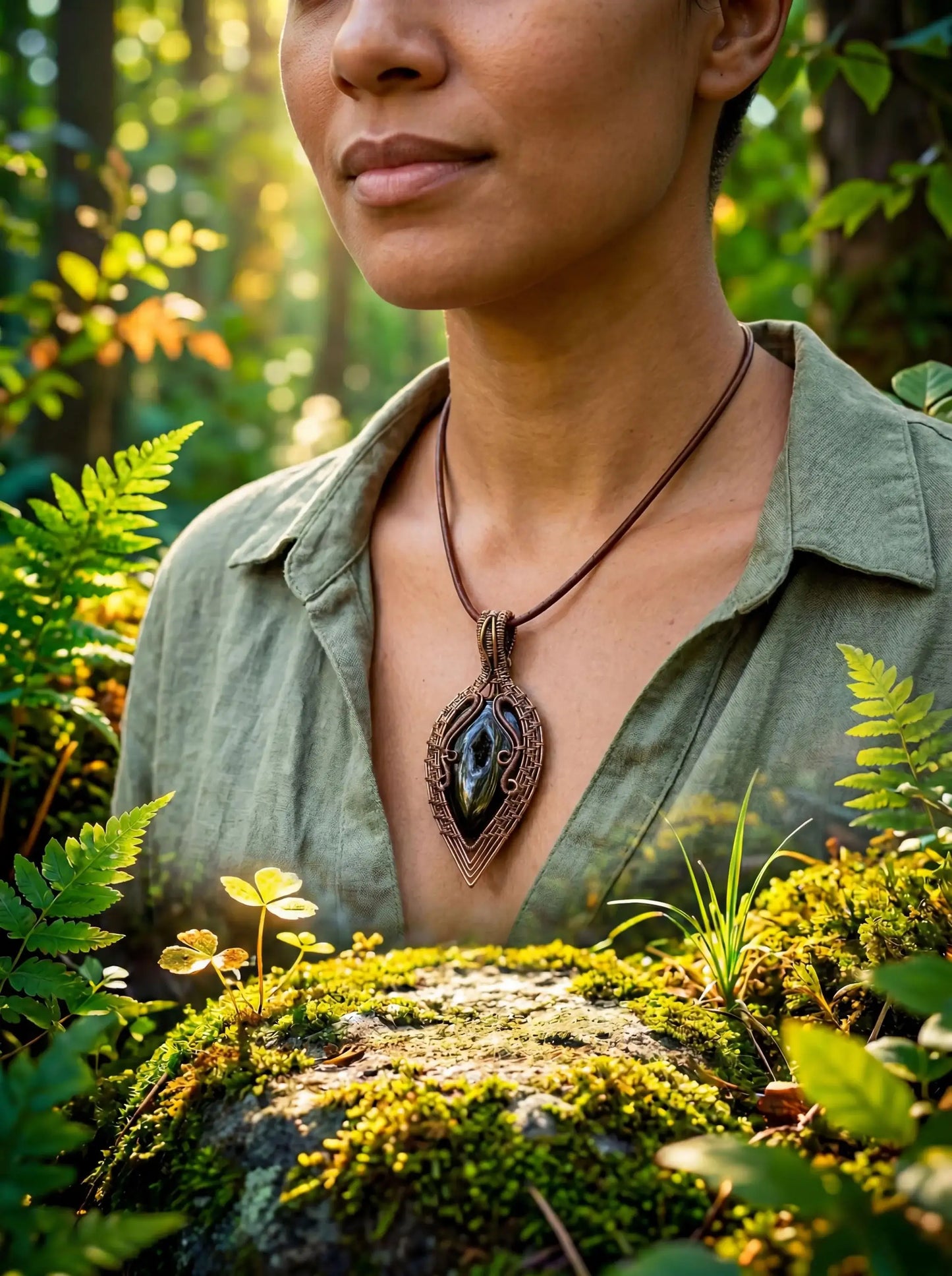 Heart of the Grove – Handwoven Copper & Black Stone Pendant, Nature Inspired Wire Wrapped Necklace