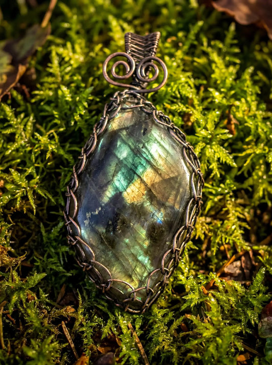 Aurorawood Relic Pendant | Labradorite Necklace | Wire Wrapped Crystal | Flashy Stone Jewelry | Handmade Statement Piece