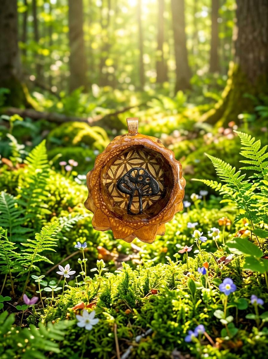 Mushroom Golden Flower of Life Pinecone Pendant