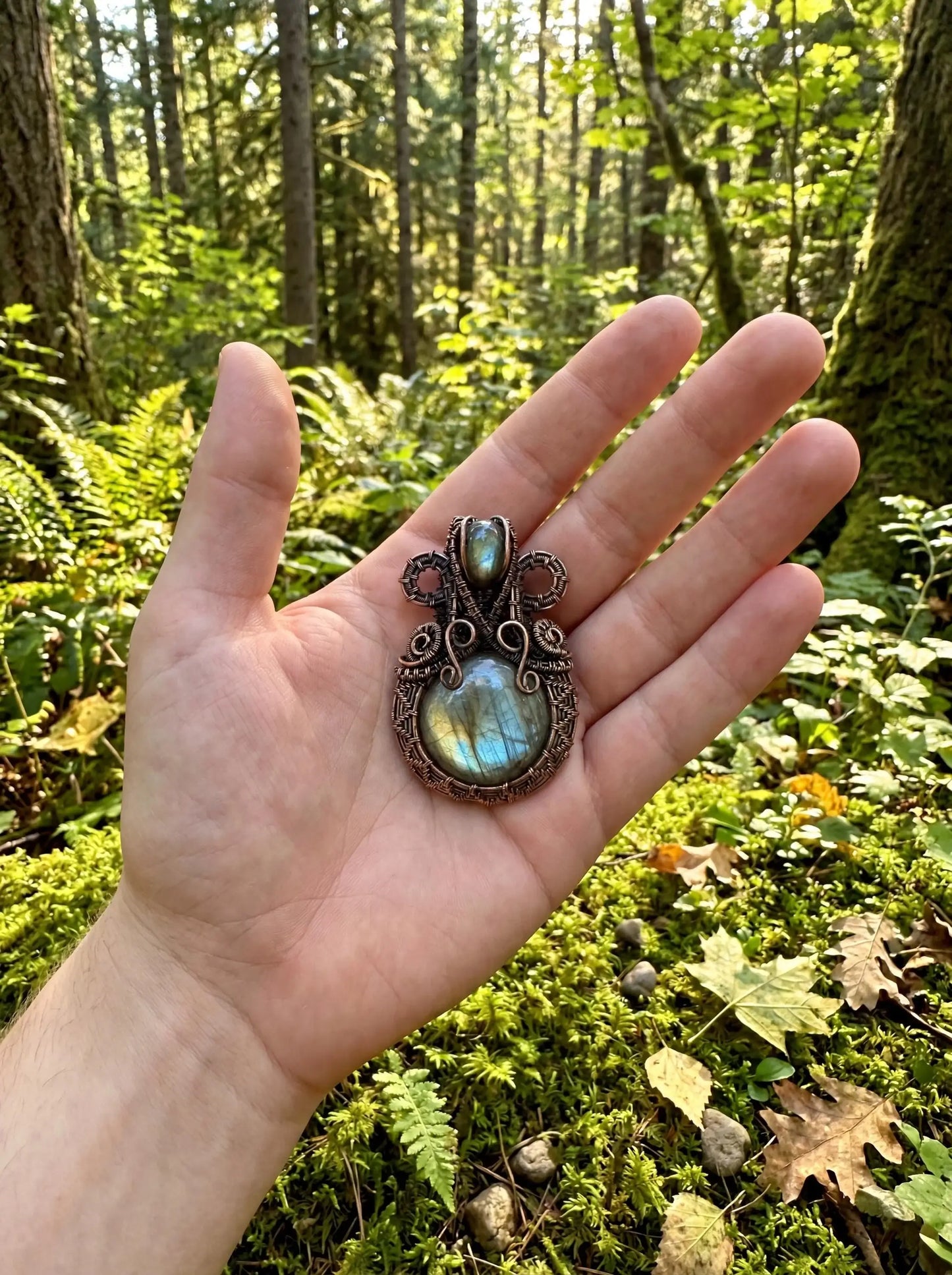 Wire Wrapped Grove Sentinel Pendant – Labradorite Crystal Necklace, Handmade Copper Statement Jewelry