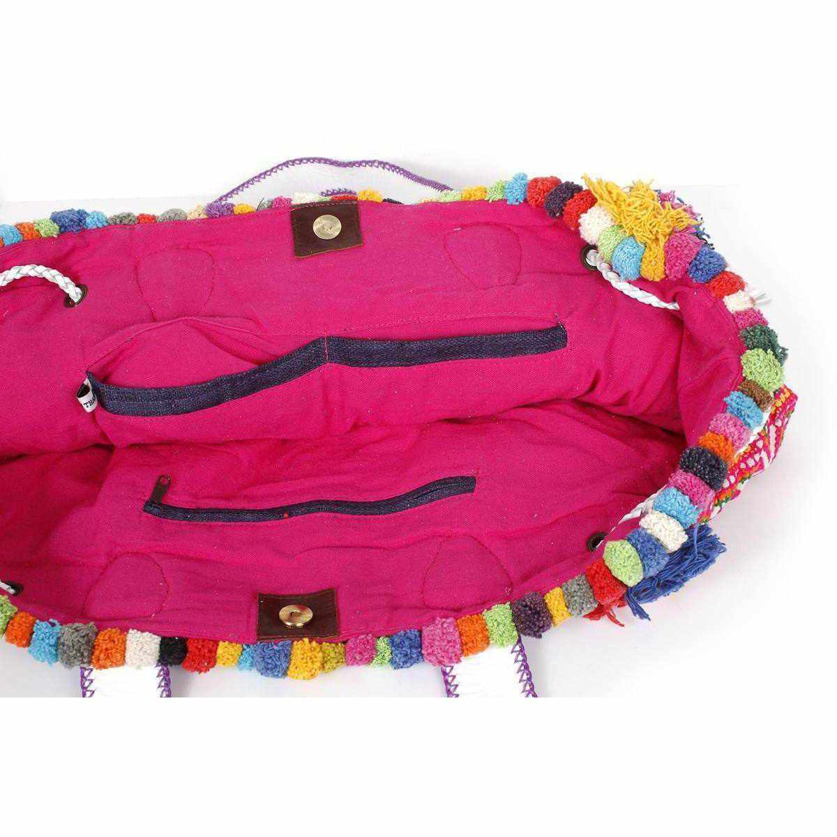 Embroidered Half Moon Ibiza Leather Tote Pom Pom Bag – Thailand