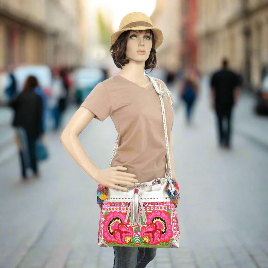 Handmade Gold Leather Crossbody Bag with Hmong Textile, Boho Pom Pom Tassel Purse, Tribal Ethnic Fair Trade Bag from Thailand