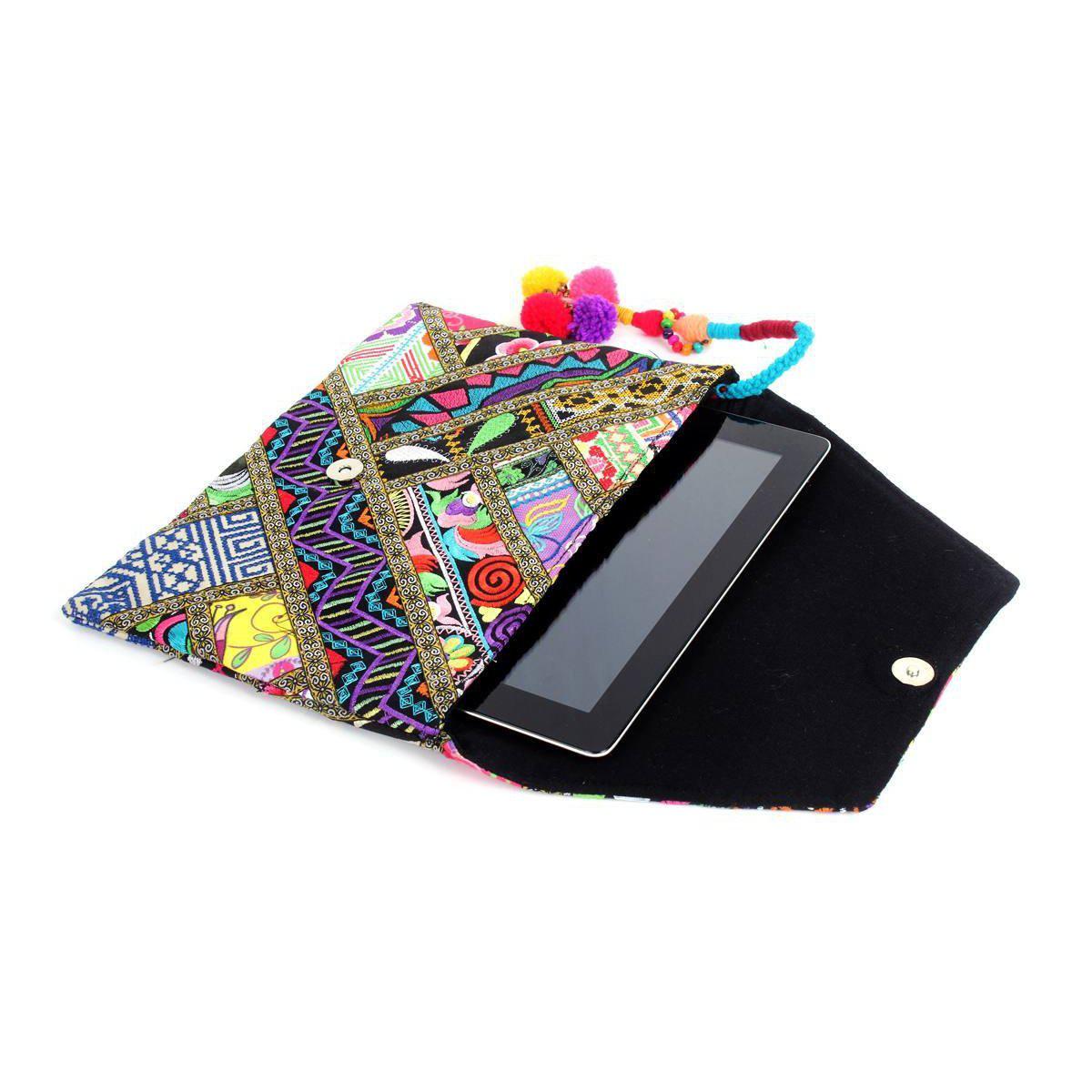 Embroidered Patchwork Clutch with Pom Pom Tassel - Thailand