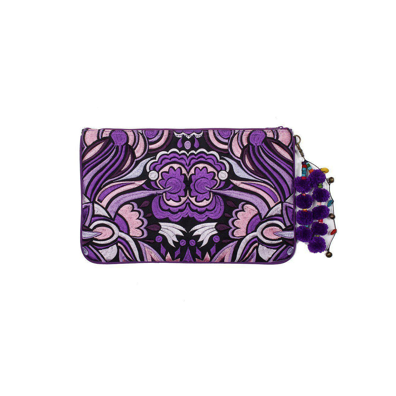 Soila Embroidered Pom Pom Clutch Boho Artisan Tablet Sleeve Fair Trade - Thailand