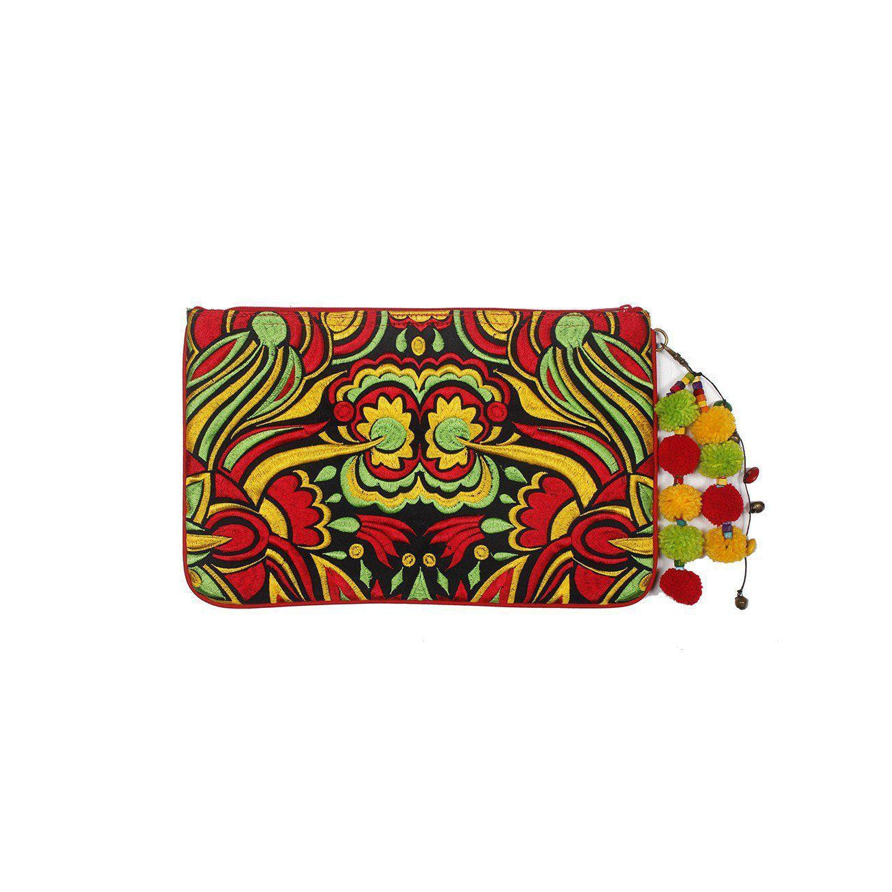 Soila Embroidered Pom Pom Clutch Boho Artisan Tablet Sleeve Fair Trade - Thailand