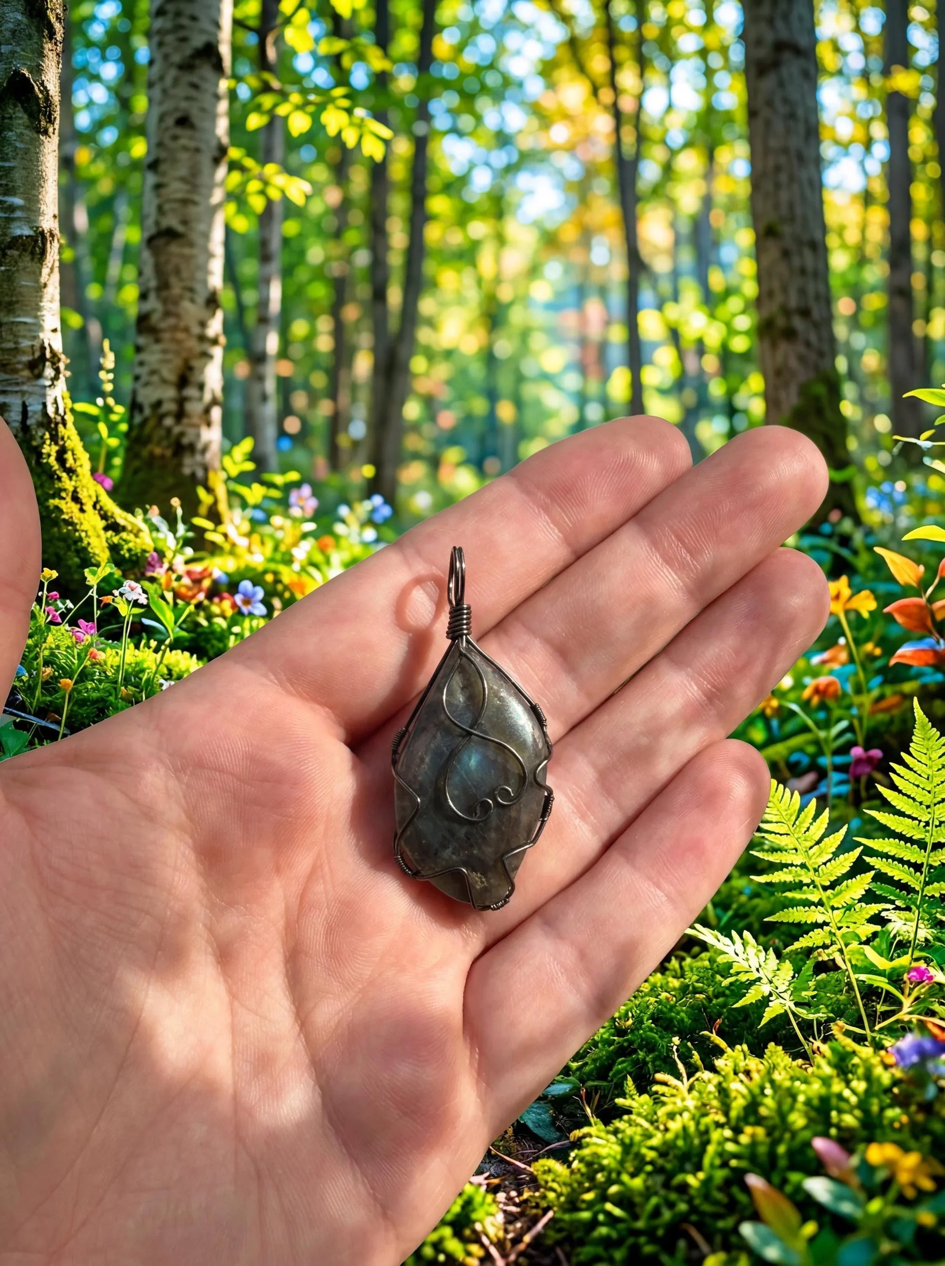Hand holding wire-wrapped labradorite pendant in sunlit forest, natural stone jewelry