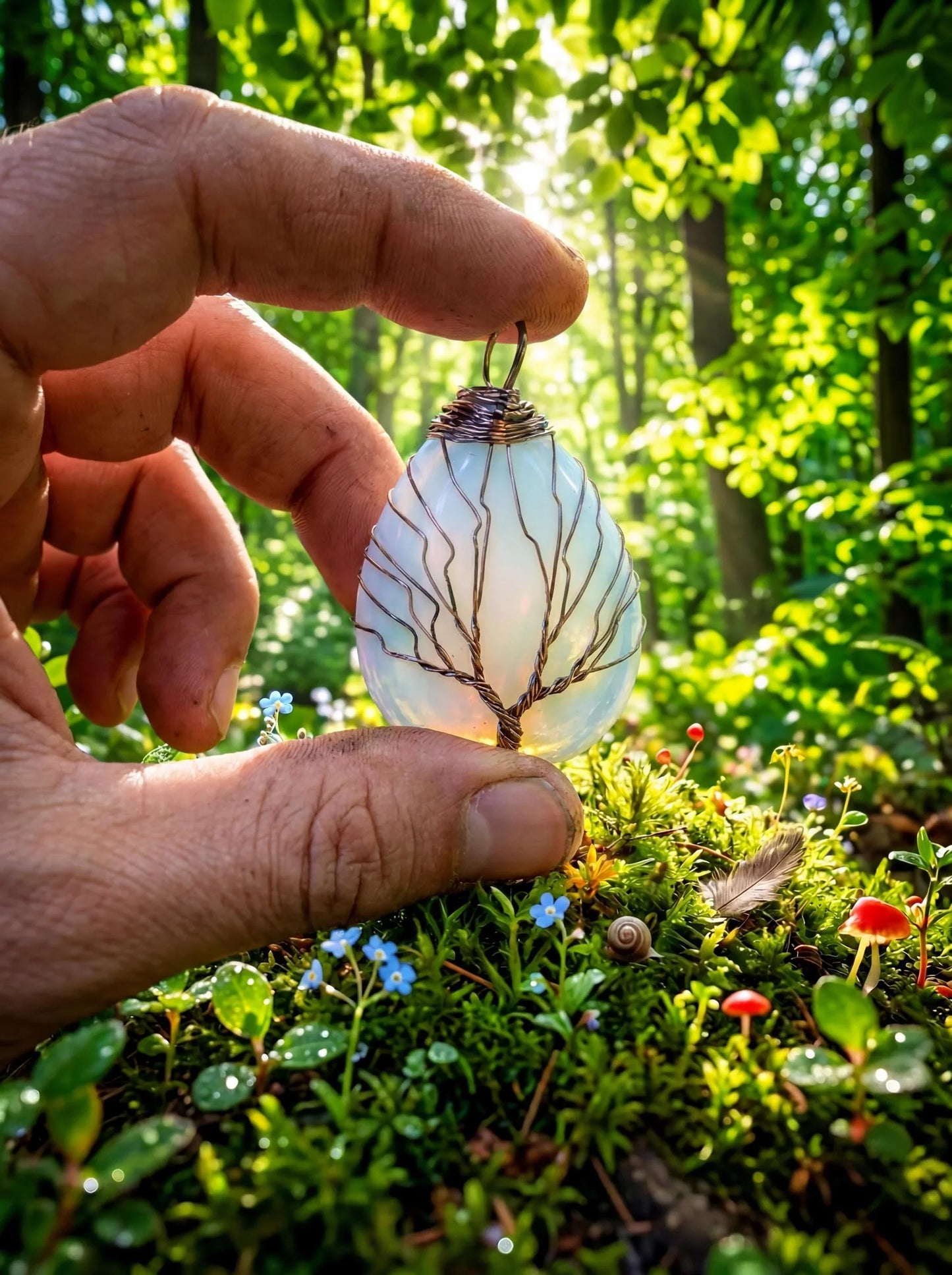 Wire Wrapped Opalite Tree of Life Pendant, Copper Wire Boho Jewelry, Healing Crystal Necklace