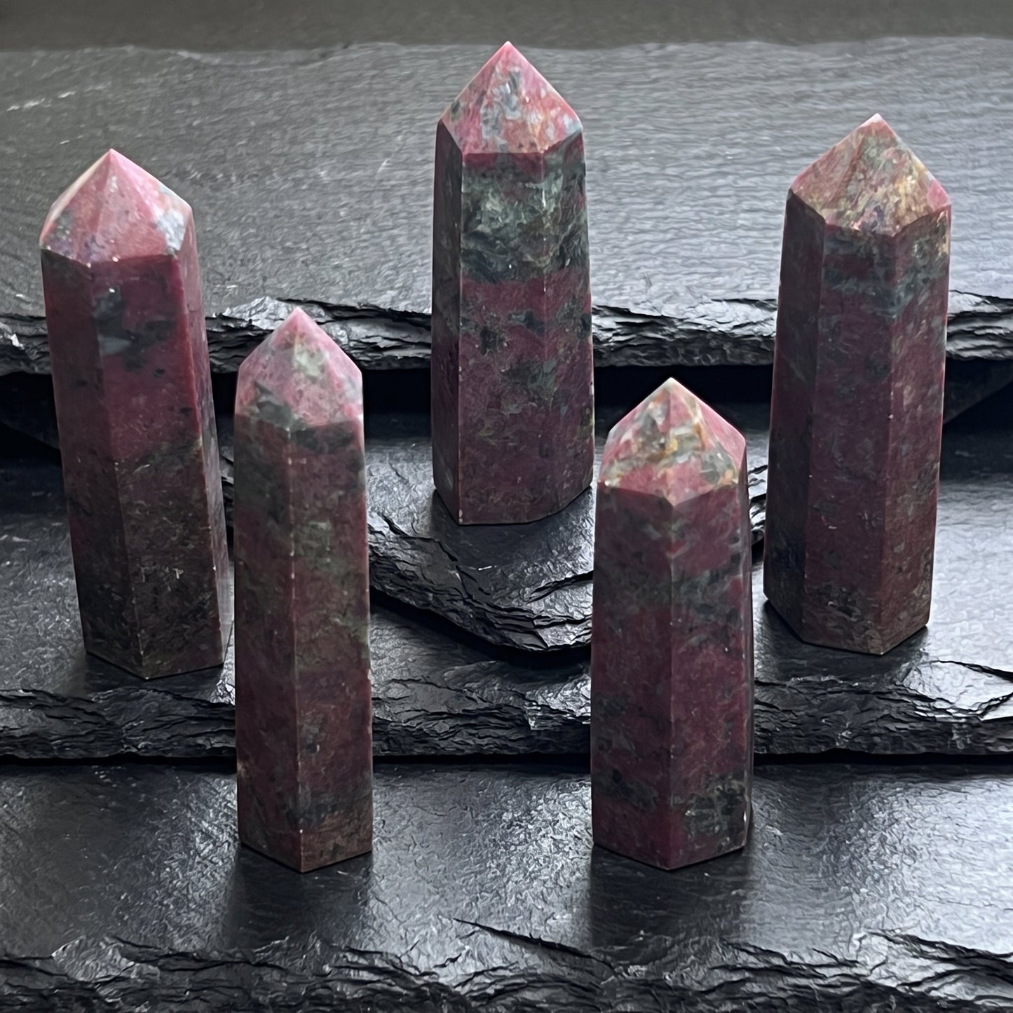 Red Ruby With Fuchsite Crystal Standing Tower Obelisk Point (UV Reactive) Carving
