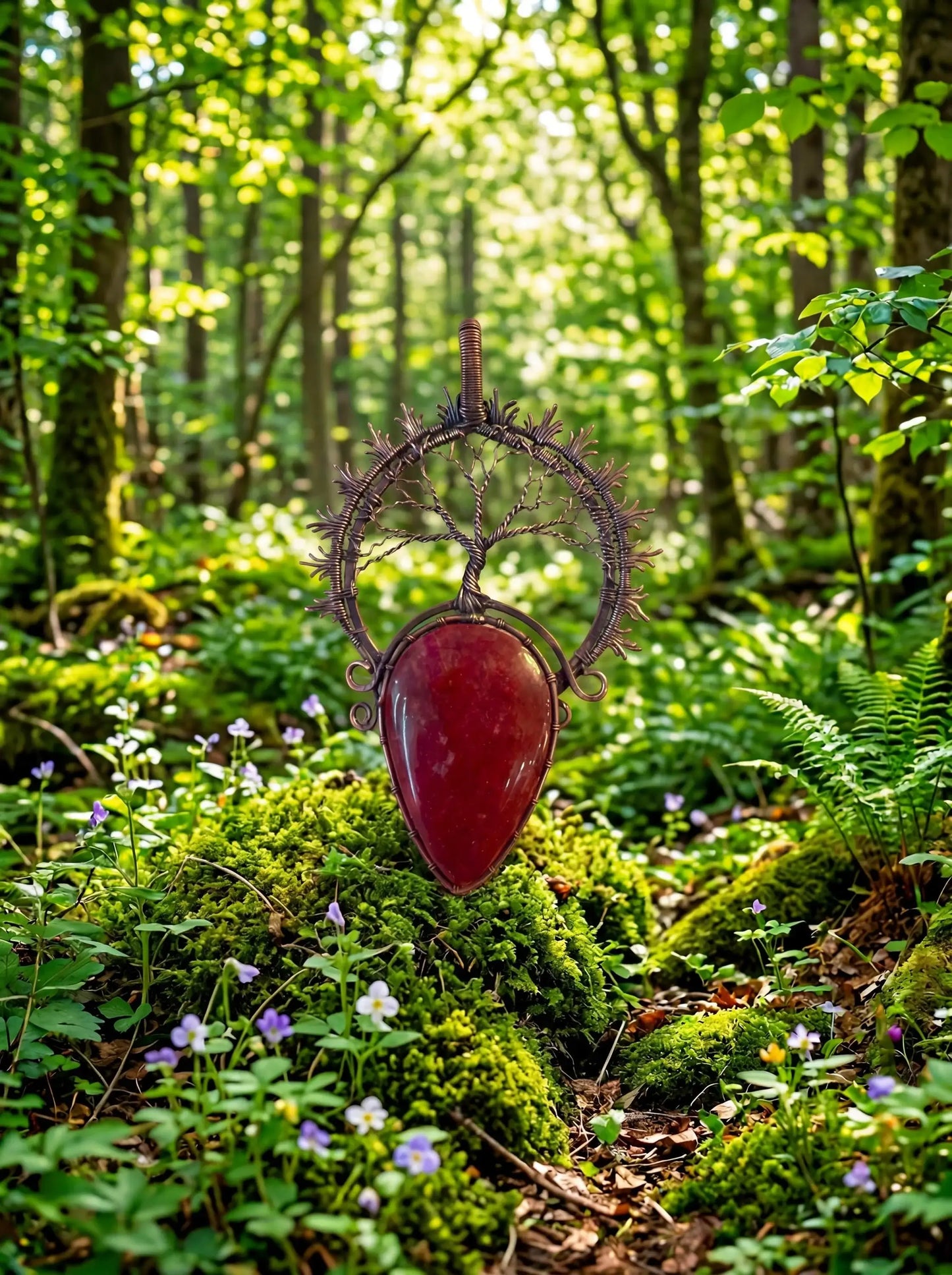 Wire Wrapped Tree of Life Pendant | Red Stone, Nature-Inspired Jewelry