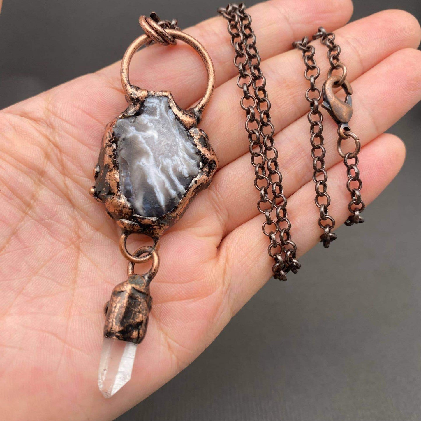 Vintage Onyx & White Crystal Bronze Necklace - CS