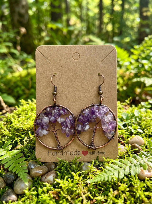Wire Wrapped Tree of Life Earrings – Amethyst Boho Dangle Earrings – Handmade Crystal Jewelry Gift for Her