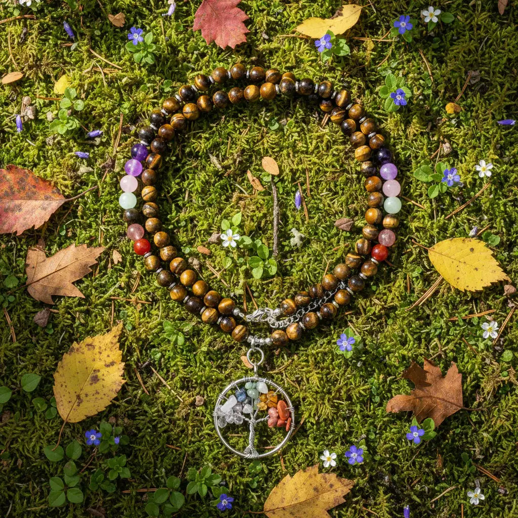 Tree of Life Pendant Natural Stone Beaded Necklace - CS