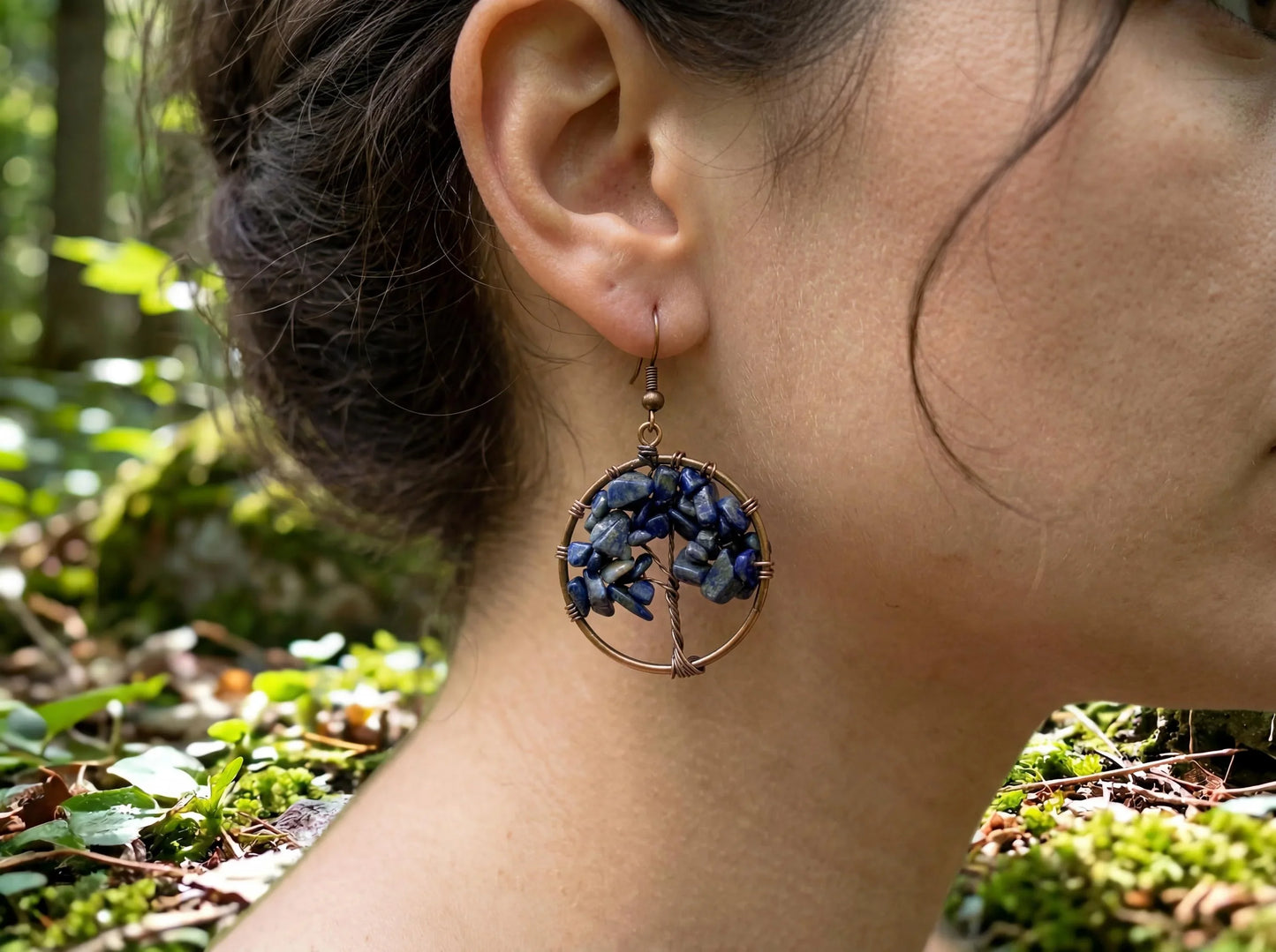 Wire Wrapped Tree of Life Earrings – Lapis Lazuli Boho Dangle Earrings – Handmade Crystal Jewelry Gift for Her